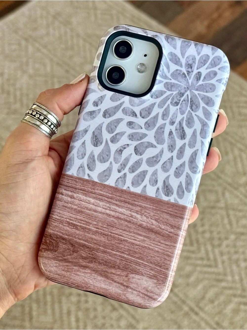 Gray Droplet & Wood-Accent Print MagSafe Phone Case for iPhone 12 or 12 Pro